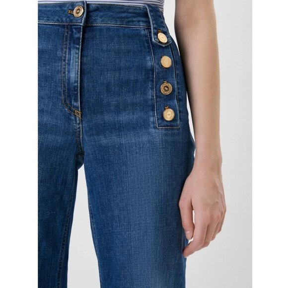 Elisabetta Franchi Palazzo Jeans 31" / Size 27 / Blue Button High Rise Wide Leg - Picture 4 of 11